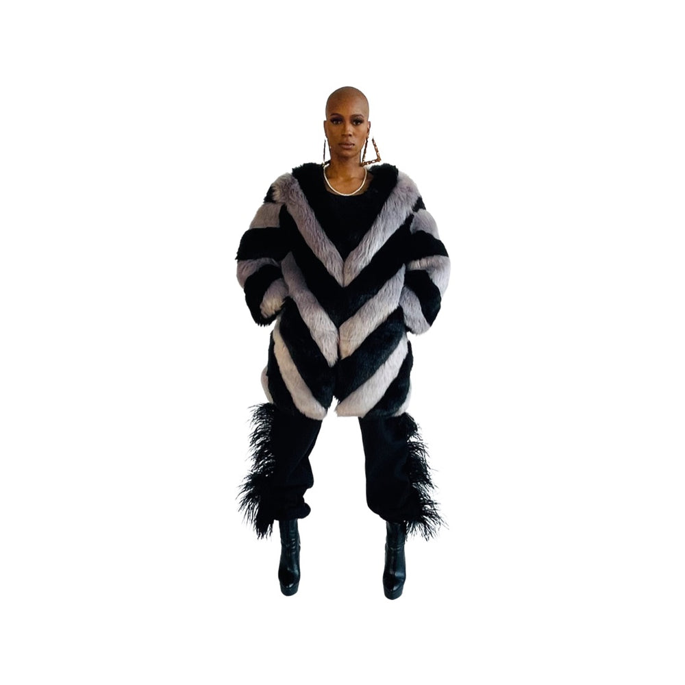 
                  
                    Load image into Gallery viewer, Black and Grey Chevron Faux Fur Coat
                  
                