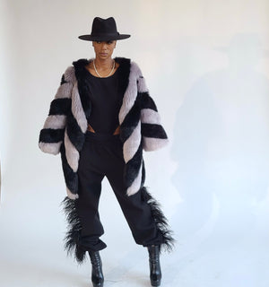 
                  
                    Load image into Gallery viewer, Black and Grey Chevron Faux Fur Coat
                  
                