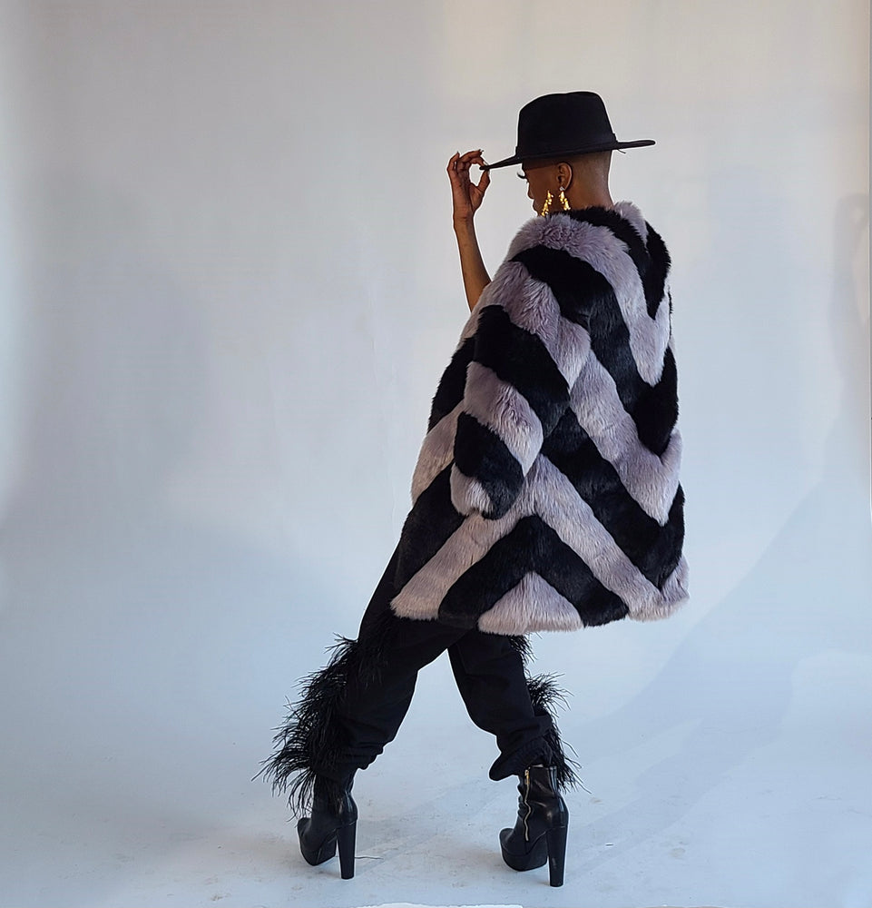 
                  
                    Load image into Gallery viewer, Black and Grey Chevron Faux Fur Coat
                  
                